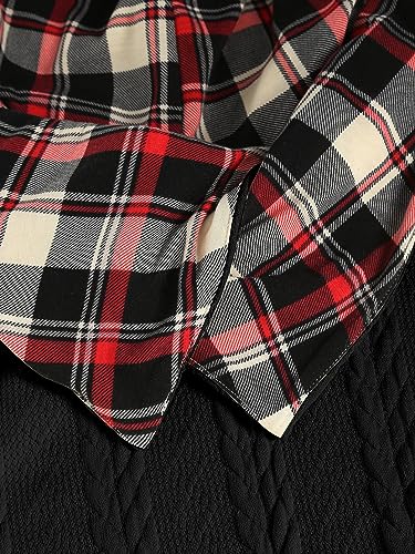 Image of ZEZCLO Women's Twisted Cable Knit Plaid Print Hooded Sweater Mock Button Ruched Shawl Neck Knit Top