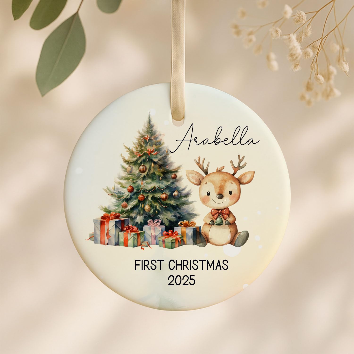 Gutegifts Women's White Personalised First Christmas Bauble Floral Design Customize With Name & Initial Gift For Newborn Baby Girls Pink Ceramic Ornaments Christmas Xmas Tree Decor Keepsake Baby Shower