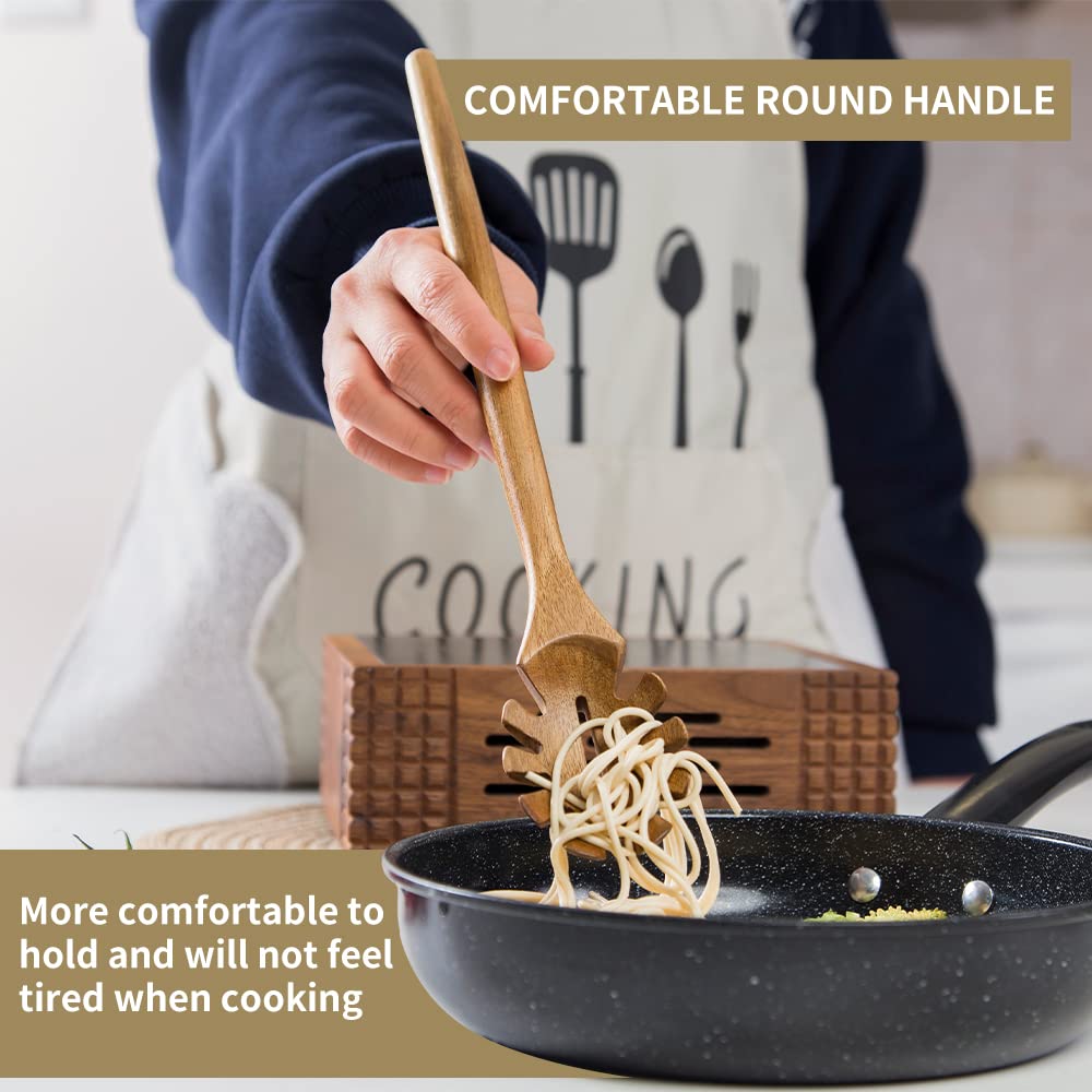 Exquisitos utensilios de cocina de madera para cocina, juego de 5, juego de utensilios de cocina de madera de acacia de 12 pulgadas, utensilios de cocina que incluyen cuchara, espátula de cuchara