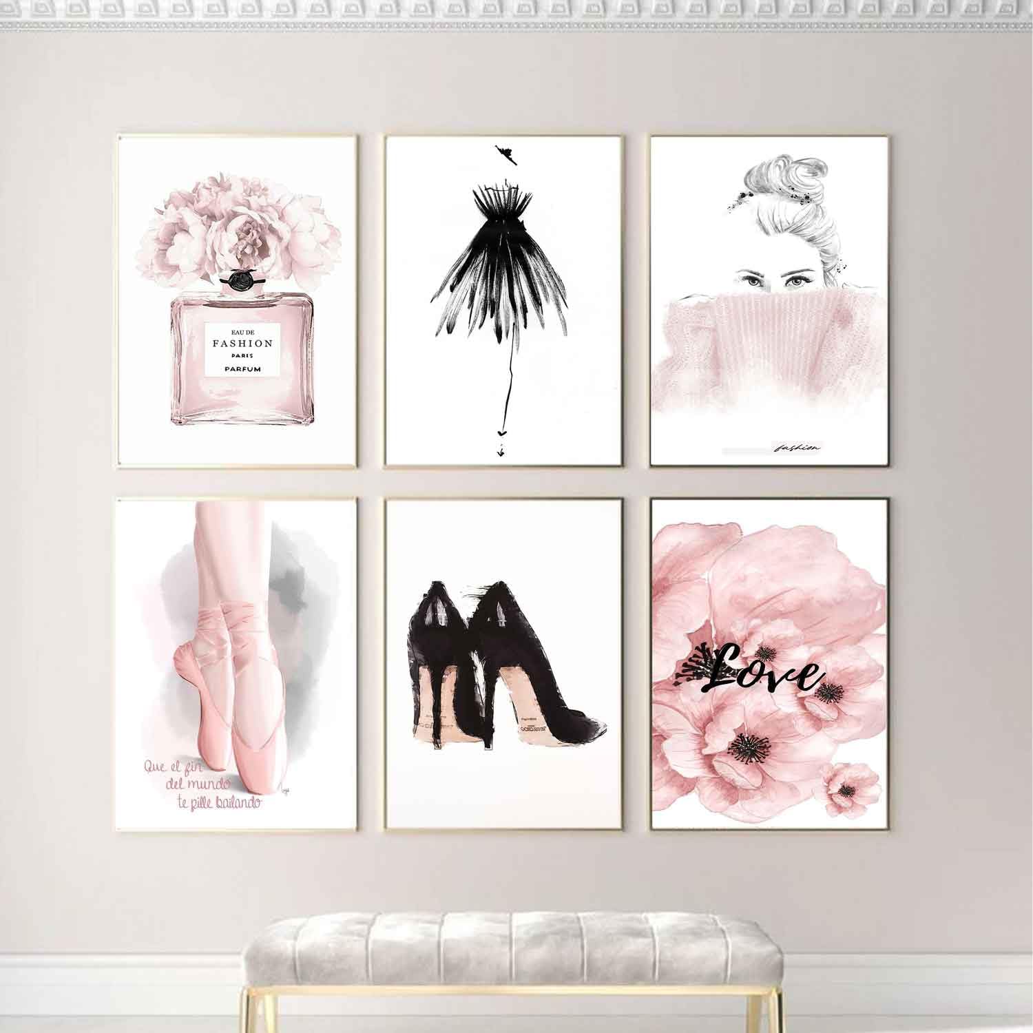 Algasan Fashion Wall Art Prints Pink and Black Girls Bedroom Wall Art Poster Flower Perfume Love Dress High Heels Shoes Wall Prints Decor for Women Bedroom Living Room(8x10’’, Unframed)