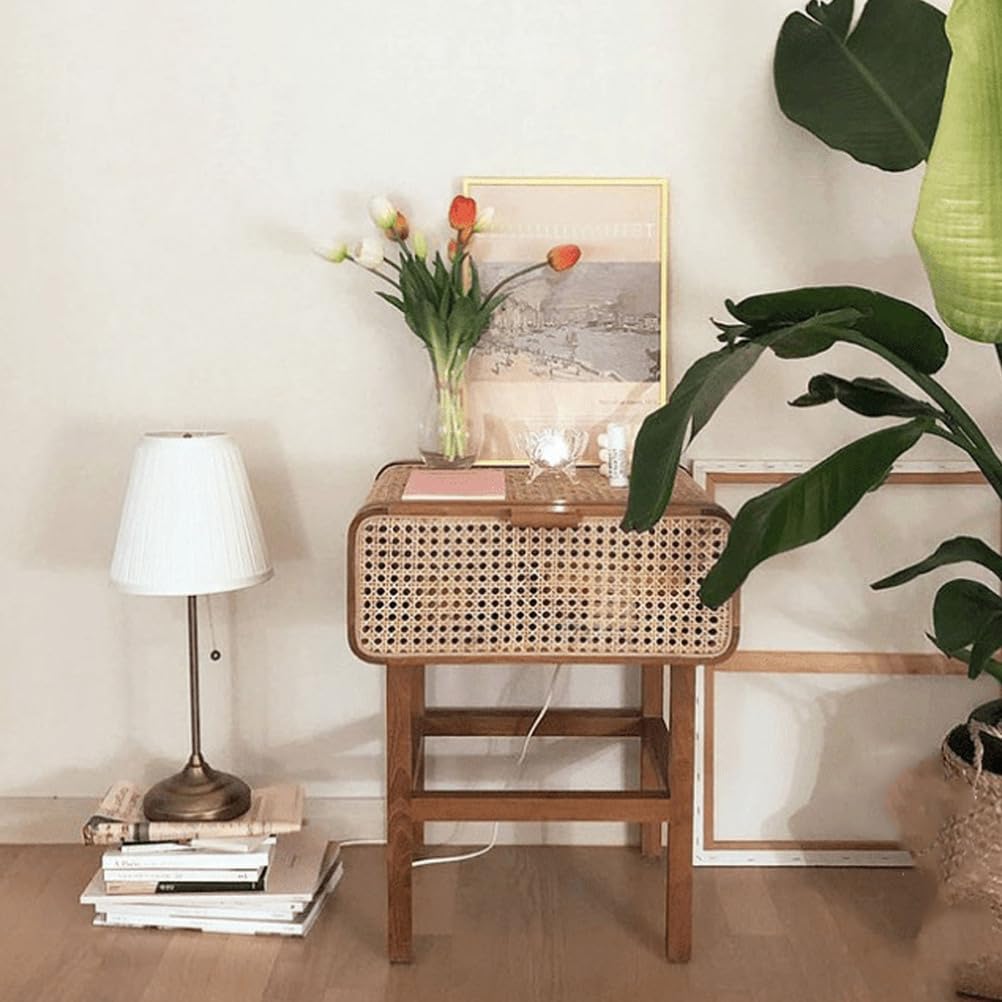 Comodino in rattan, tavolino da metà secolo con contenitore, tavolino in canna intrecciata per camera da letto, soggiorno, balcone, divano laterale, mobili in legno