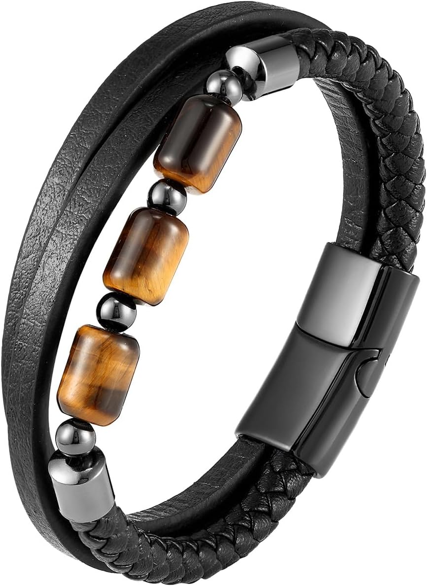 Mens Leather Braided Tiger Eye/Black Onyx Protection Healing Stone Bead Bracelet for Men Stainless Steel Clasp Cuff Bracelets Jewelry