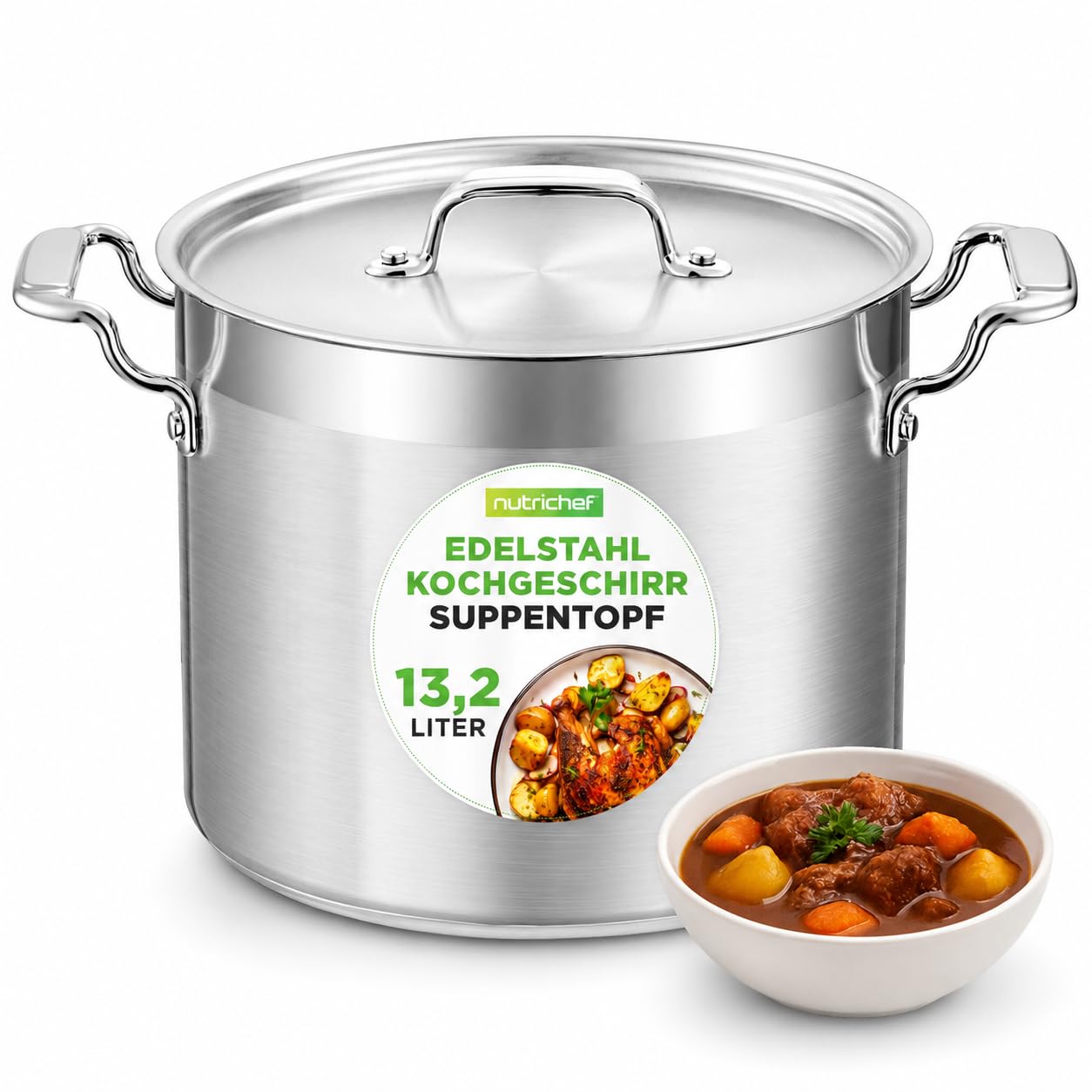 NutriChef Edelstahl Kochtopf 13,2L Induktion – Suppentopf mit Deckel, Profiqualität für Gastronomie & Meal Prep Hitzebeständig bis 260 °C, Spülmaschinenfest, Ideal für Vorratsküche & Events | 18/8 Induktionskompatibel, spülmaschinenfest, genietete Griffe,
