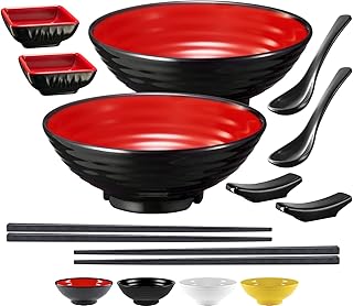 Unbreakable Ramen Bowl Set with Chopsticks and Spoon: 2 large Japanese Style Melamine Ramen Bowls, Dipping Bowls and Chopstick Stands for Asian Pho Soup Thai Miso Udon Wonton (2 Bowl Set, Red-Black)