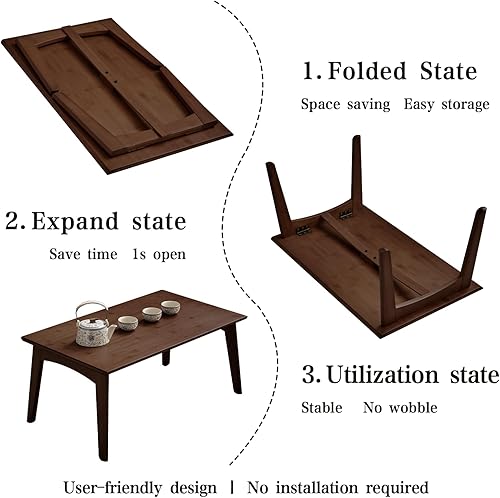 Miniatura 9 de Mesa de piso japonesa no requiere montaje, mesa de café plegable de bambú de nogal para dormitorio, 26 x 15.8 x 11.8 pulgadas, muebles de mesa baja