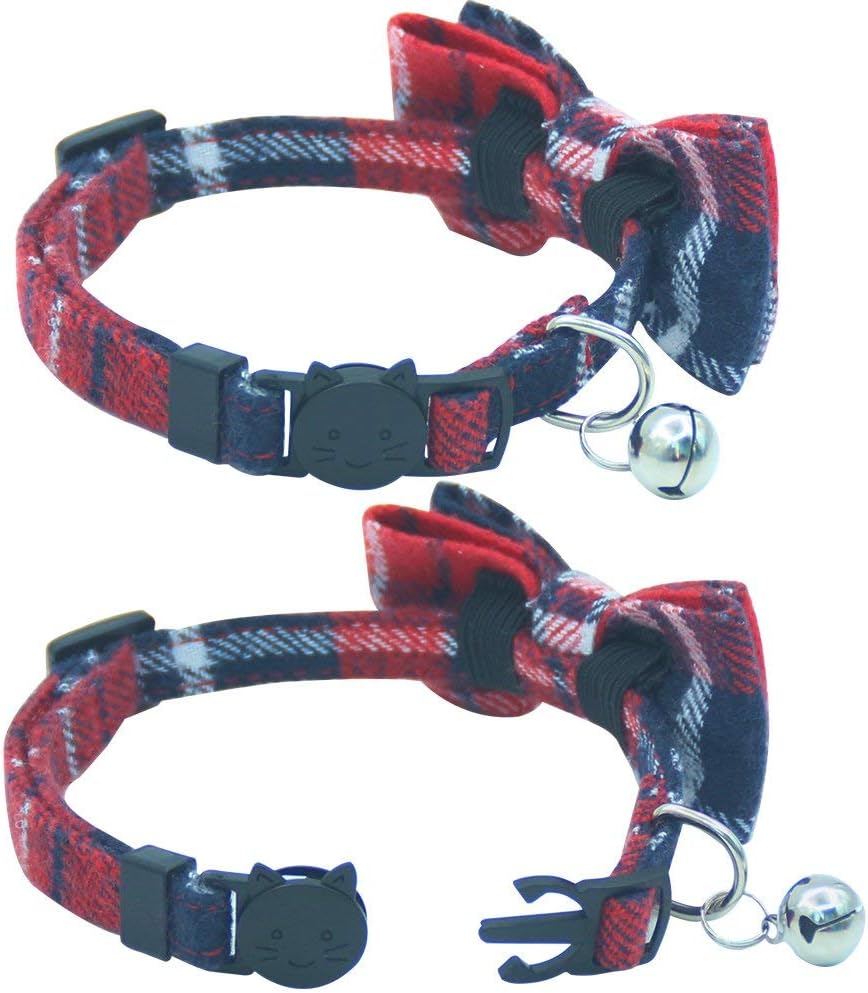 Cute Bowtie Cat Collar Breakaway with Bell 2 Pack Plaid Collar Set for Kitty Puppy Adjustable 7.8-10.2"