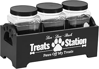 Sutowe Dog Treat Container with 3 Treat Jars Cute, Plastic Dog Food Container with Wooden Holder Reusable Dog Cookie Jar Cat Treat Holder for Pett Dog and Cat(black)