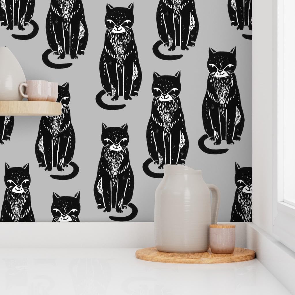 Removable Wallpaper 6ft x 2ft - Cat Grey Cats Cute Block Print Halloween Black Custom Pre-Pasted Wallpaper by Spoonflower