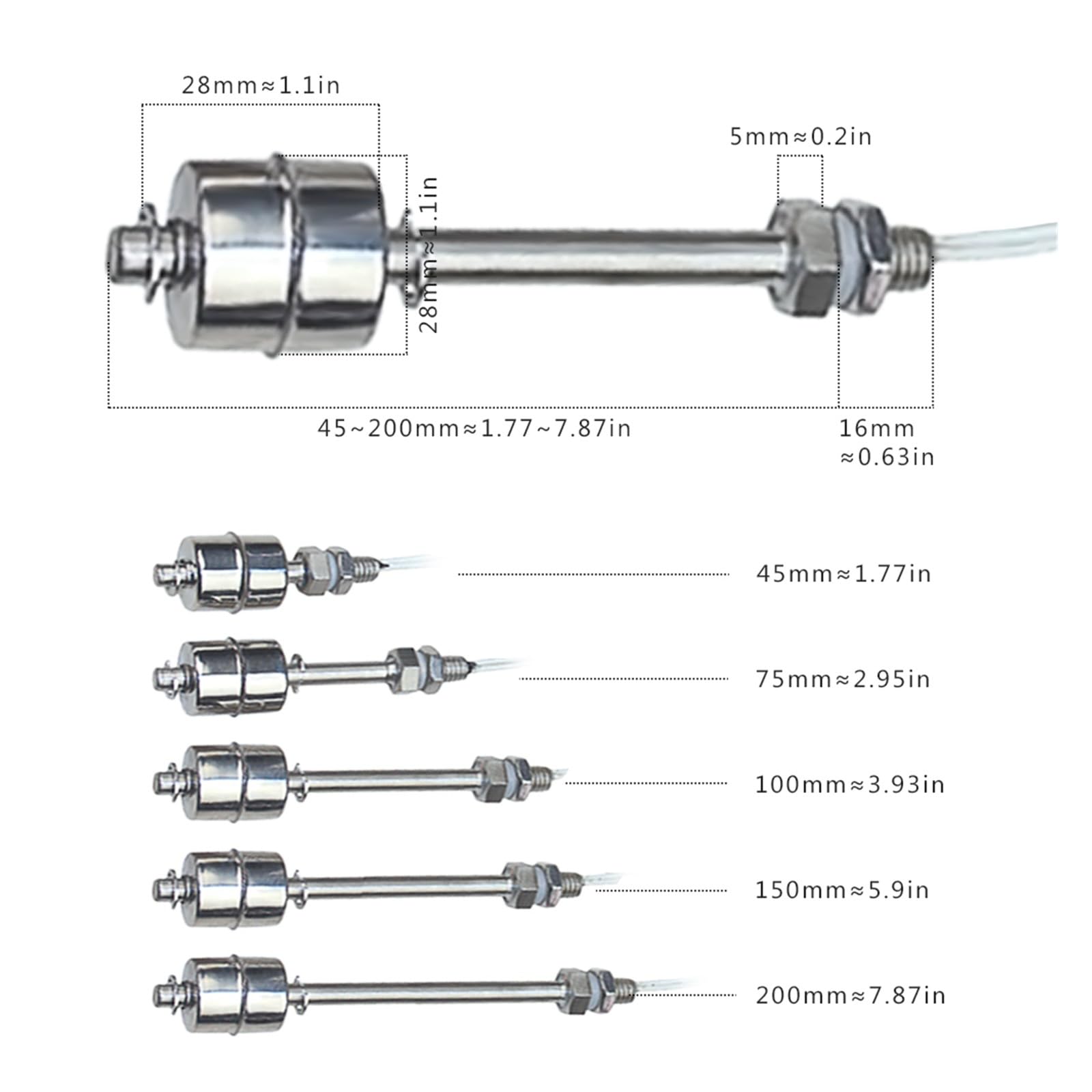 Regolatore del sensore del livello dell'acqua liquido verticale in acciaio inox, interruttore sensore galleggiante interno, regolatore automatico della pompa di linea da 45 mm