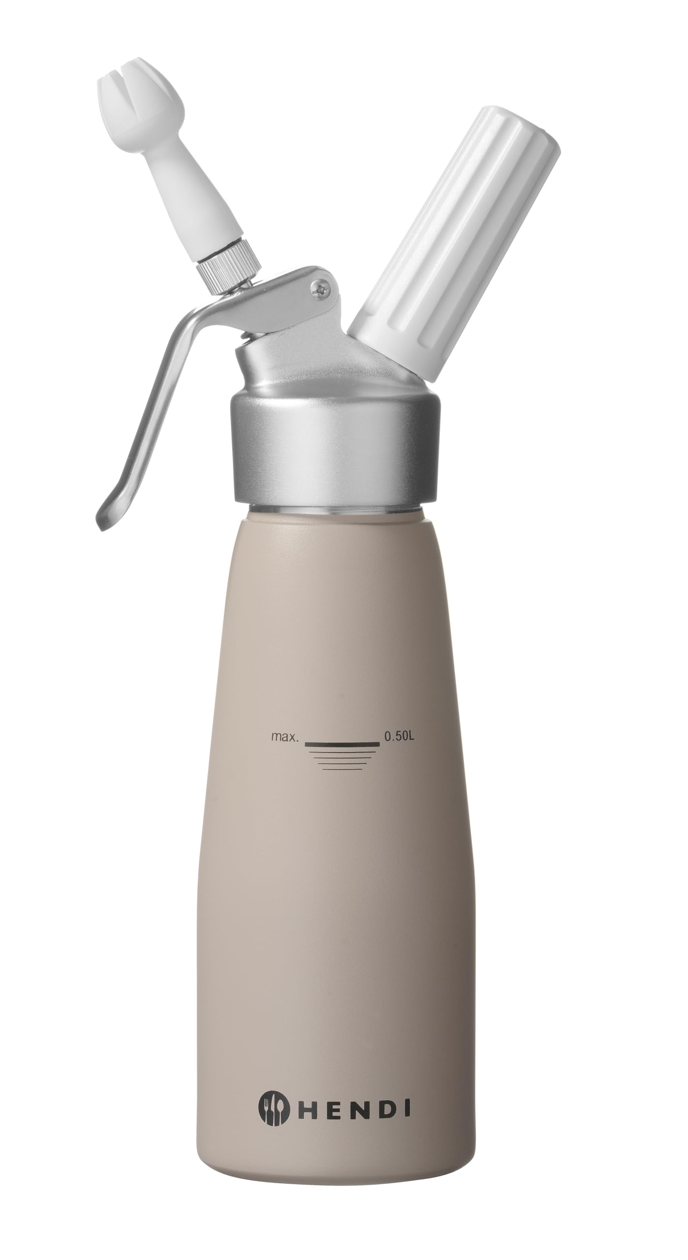 HENDI Sifón de cocina, con 3 boquillas de polipropileno y cepillo de limpieza, sifón para montar nata, espumas, mousses, postres, espumado en frío, 0,5L, ø80x(H)260mm, aluminio, color topo