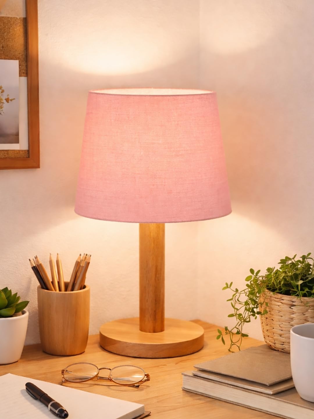 Stick Wooden Table Lamp for Bedroom & Living Room | Bedside Night Lamp with Fabric Shade | Modern Wooden Desk Lamp for Home Décor, Study, Office & Hotel (Pink)-image-26