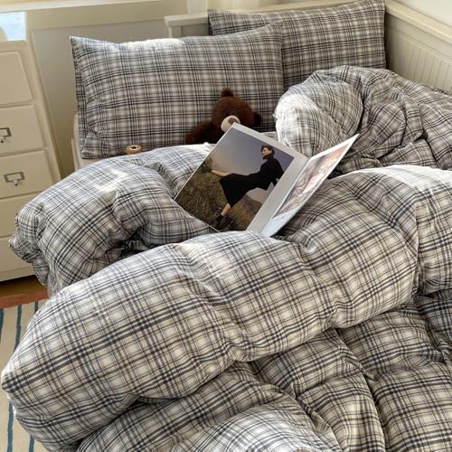 Image of MKXI King Modern Plaid Duvet Cover Set 3 Piece - Deep Navy Washed Cotton Bedding, Modern Farmhouse Check Design, Breathable & Vintage Linen Like Bedding Set with Zipper Closure