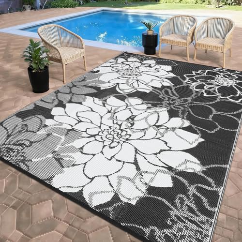 Garvee 8x10 Outdoor Rug for Patios Modern Reversible Camping Carpet, Waterproof Straw Plastic Floral Outdoor Mat with 4 Stakes and Storage Bag for RV,
