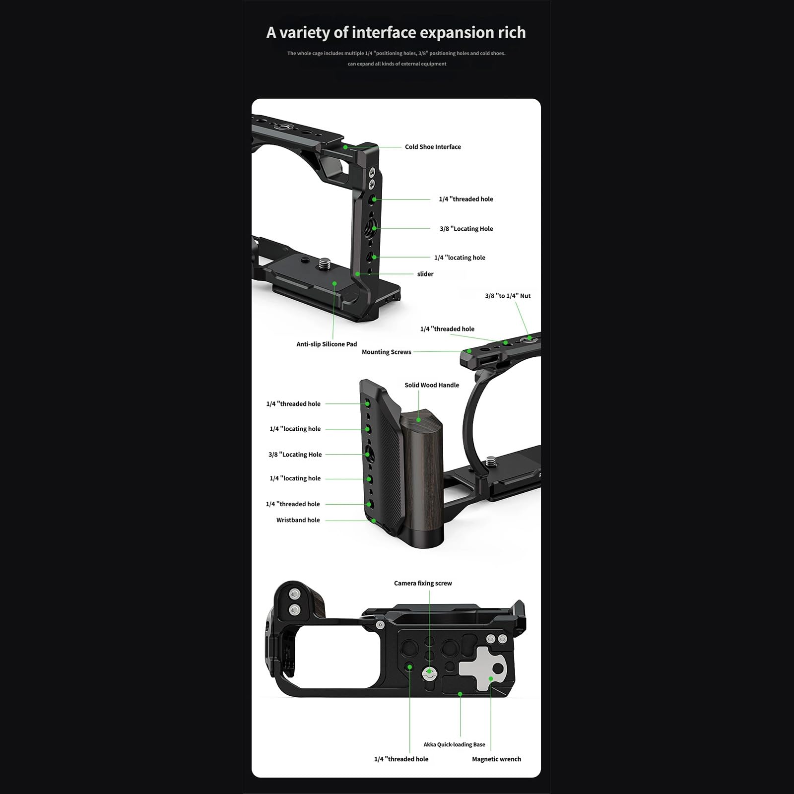 Gabbia per fotocamera professionale con manico in legno, Silver