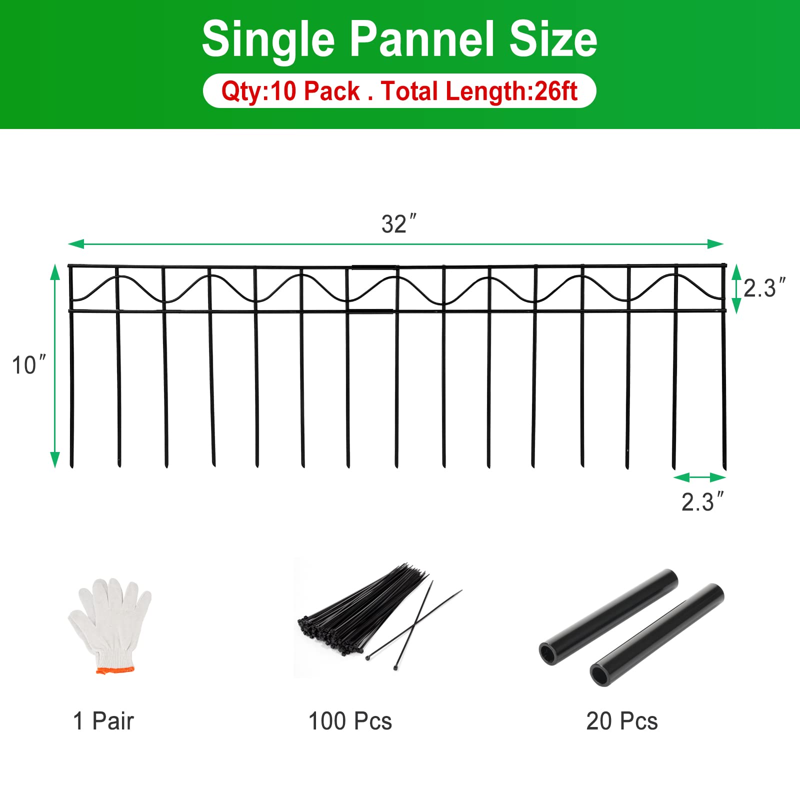 Tierbarriere Zaun Set - 10 Stück, Je 81,3x25,4 Cm, Schwarz Verzinkter Stahl, 3,8 Cm Abstand, Zum Eingraben Für Garten, Hof & Beet