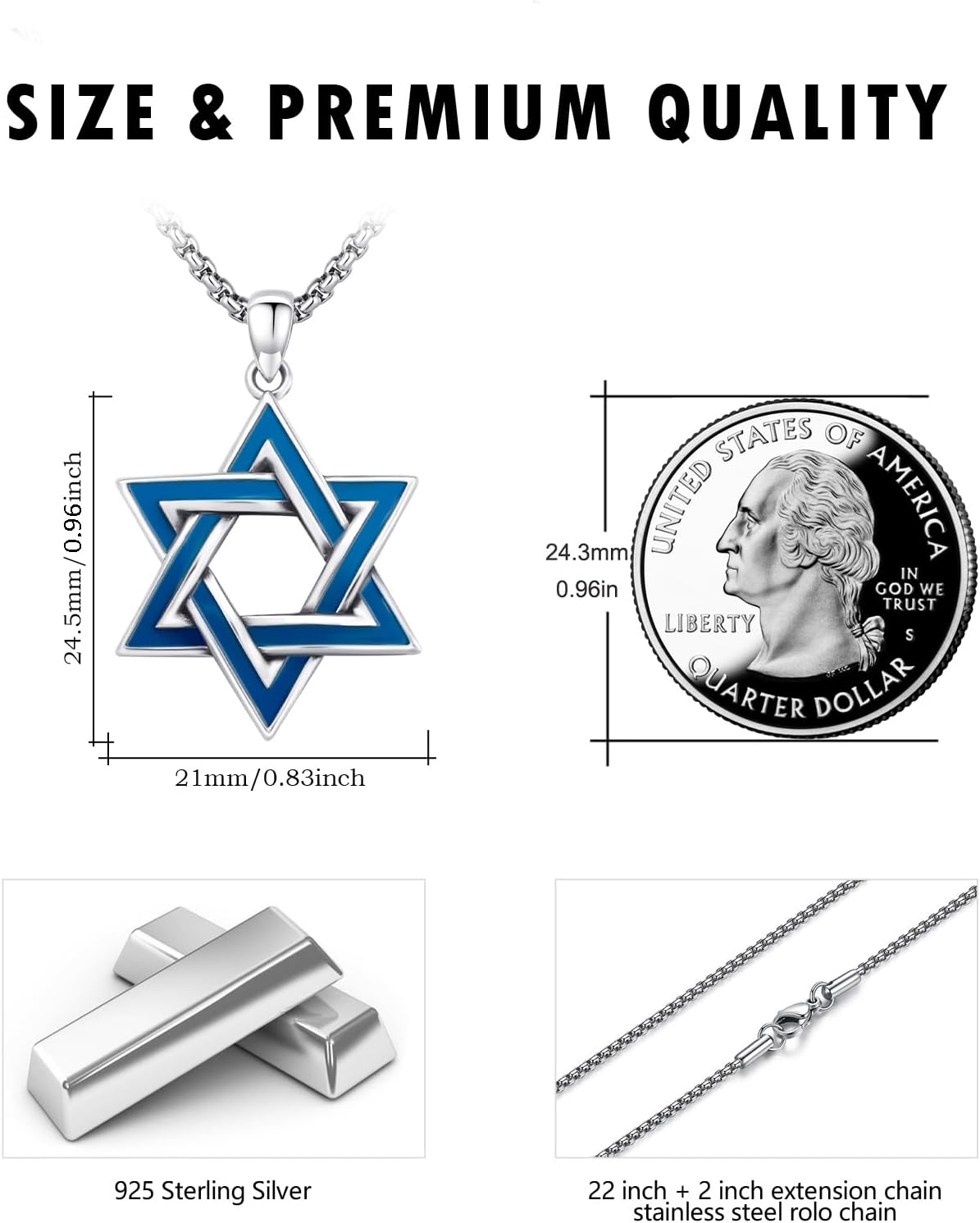 925 Sterling Silver Jewish Star of David Necklace with Stainless Steel Chain - Image 5