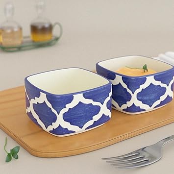 The Earth Store 90ml Each Square Blue Moroccan Dip Bowls Set of 2 - Ceramic Serving Bowls for Chutney, Pickle, Sauce, and More - Microwave Safe Bowl