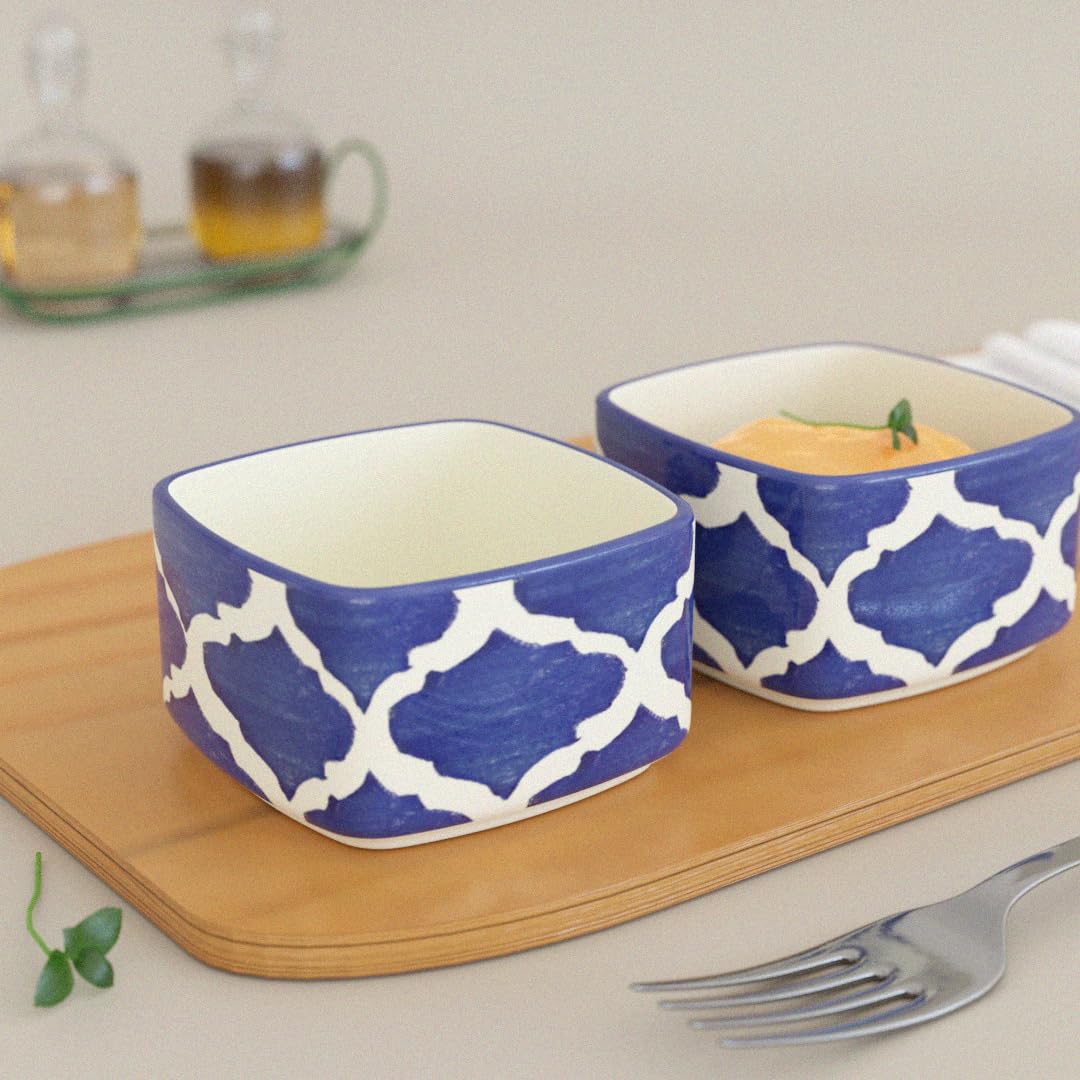 The Earth Store 90ml Each Square Blue Moroccan Dip Bowls Set of 2 - Ceramic Serving Bowls for Chutney, Pickle, Sauce, and More - Microwave Safe Bowl