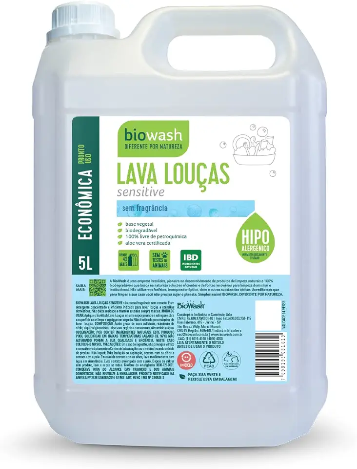 Biowash Lava Louças Sensitive 5L Hipoalergênico Sem Fragrância Concentrado
