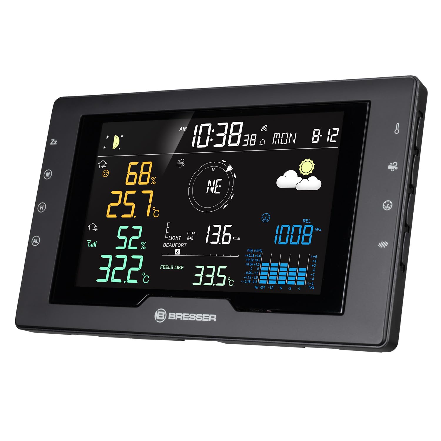 Bresser Azores Stazione meteo professionale con sensore esterno 5 in 1 | Temperatura interna ed esterna, umidità, pluviometro, anemometro, previsioni meteo, avviso gelo, scala Beaufort
