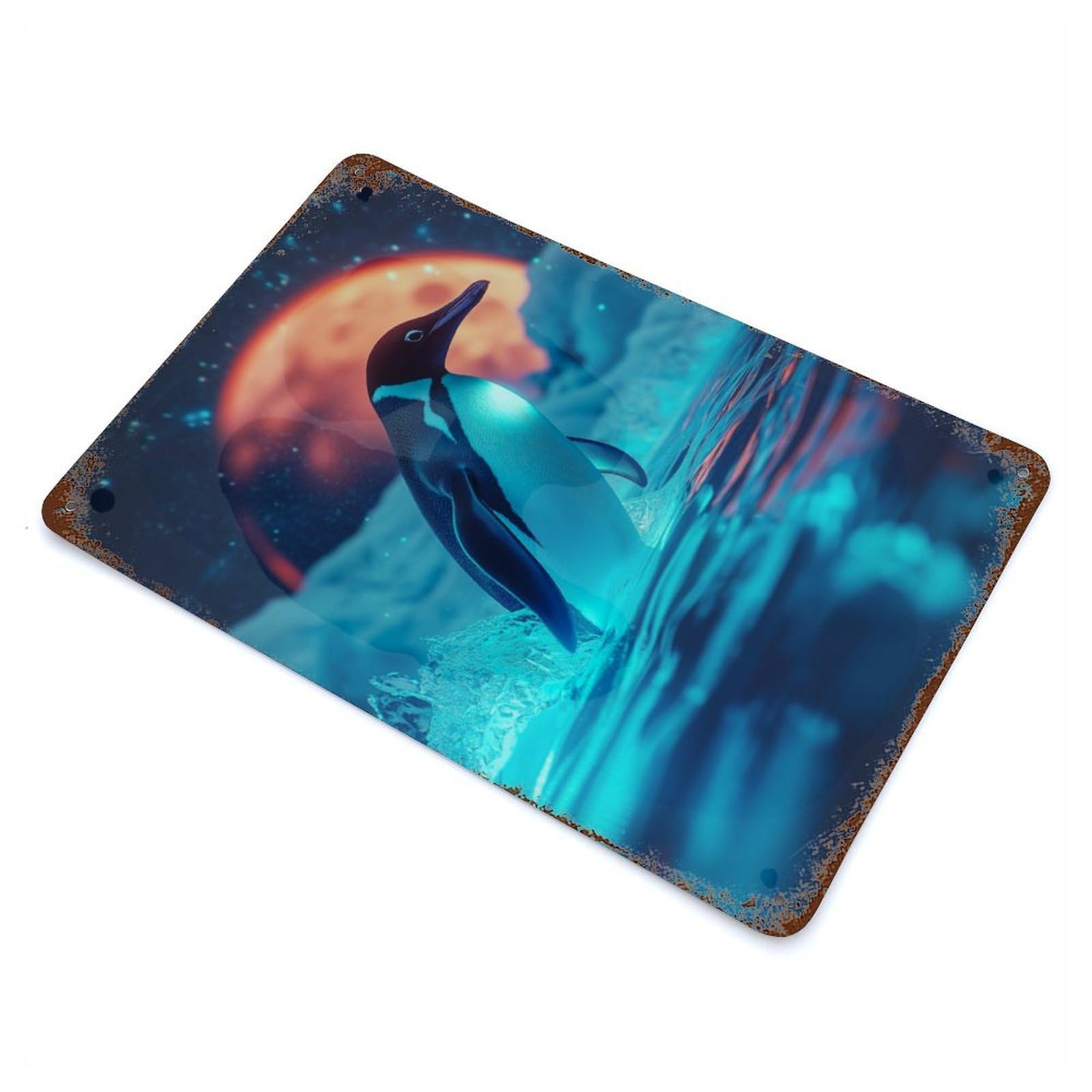 Penguin Under A Red Moon Rust Effect Tin Sign 11.8"x7.9", Ideal for Cafe, Home Bar And Lounge Decor
