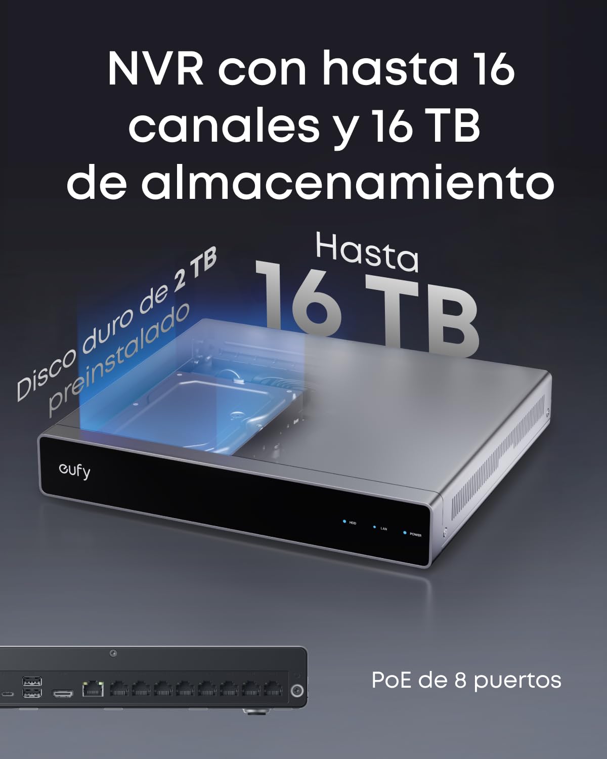 eufy Security E41 Camaras de vigilancia Exterior PoE NVR, 4 cámaras Torre 4K, 4K UHD, visión de 122°, visión Nocturna en Color, grabación 24/7, detección con IA, NVR de 8 Canales, Disco Duro de 2 TB