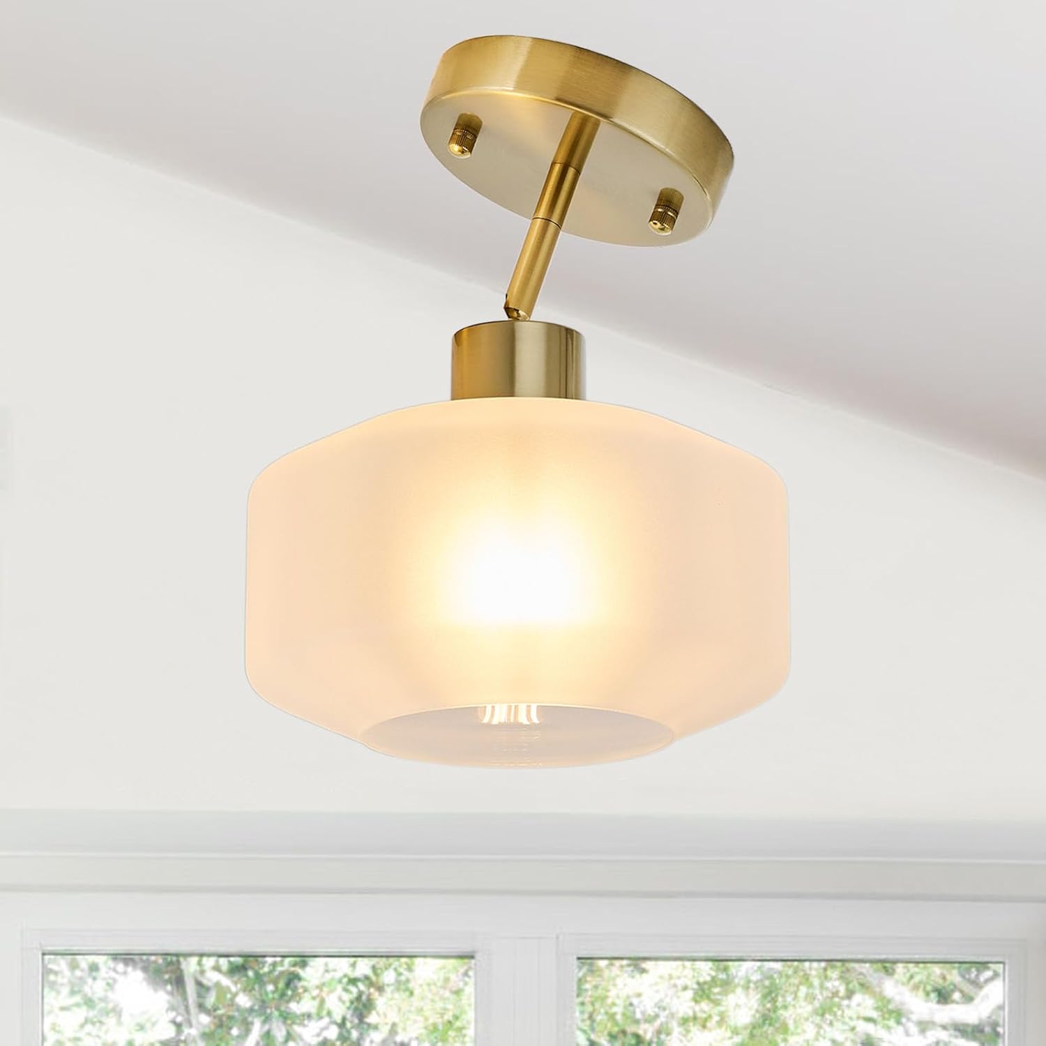 BISAMIYA Modern Brass Semi Flush Mount Ceiling Light Fixture, Adjustable Hanging Gold Farmhouse Ceiling Light, 8.66" Frosted Glass Shade, Sloped Ceiling Adaptable, for Hallway, Entryway, Bedroom