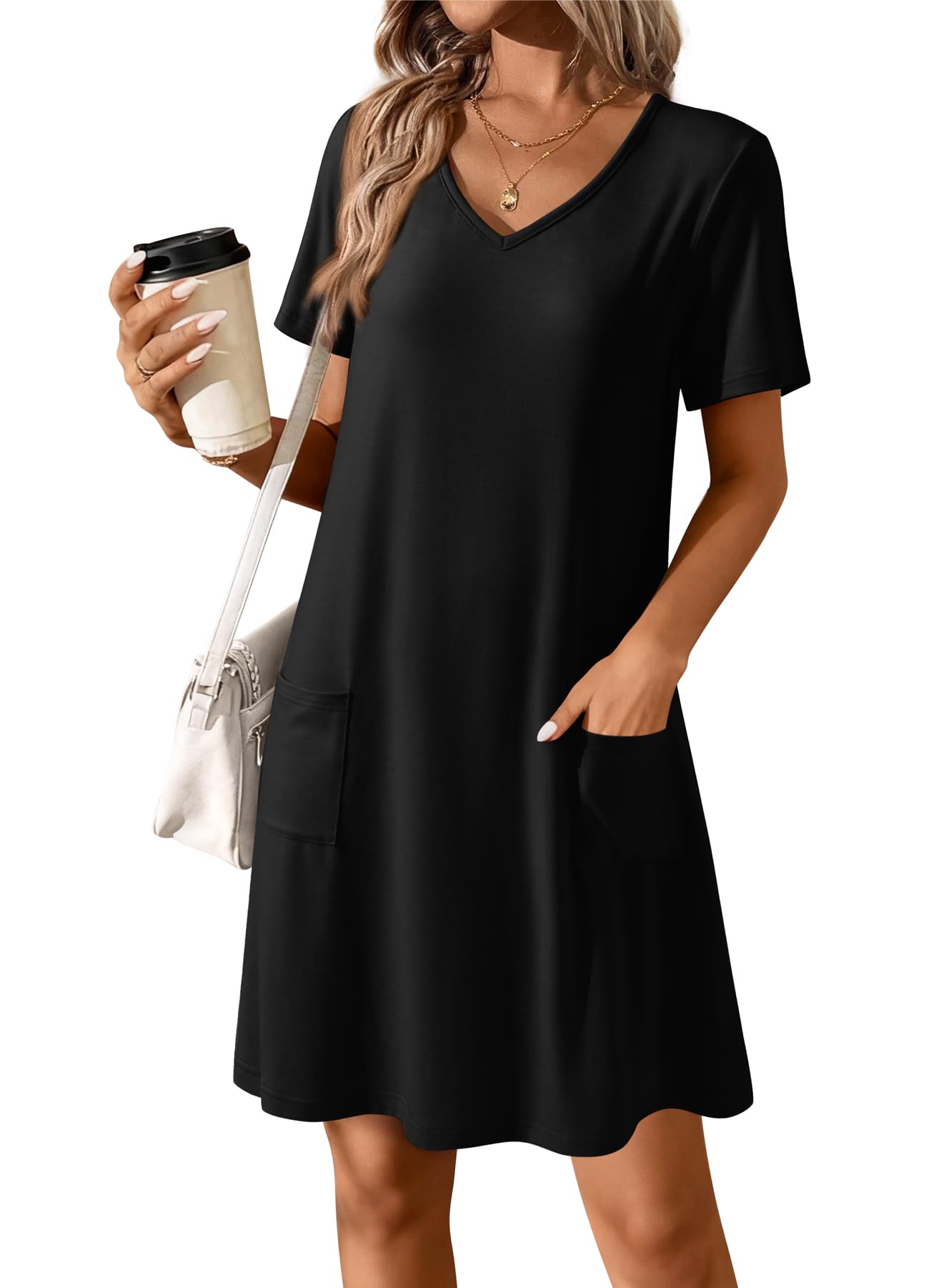 ATHMILE Dresses for Women 2026 V Neck Short Sleeve Casual T Shirt Dress Sundresses Swimsuit Coverup with Pockets