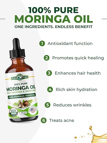 Miniatura 2 de Aceite de moringa 100% puro orgánico para cara, cabello, uñas y piel seca - Extracto de semillas de moringa oleifera de origen único certificado por