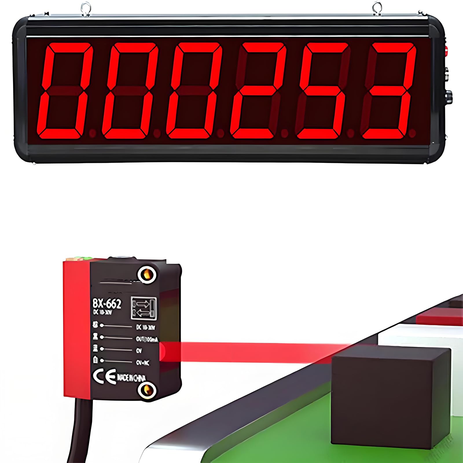 Compteur de bande transporteuse LED à 6 chiffres, suspendu ou mural, détection de 30 à 300 mm, mémoire de mise hors tension, pour ligne de production