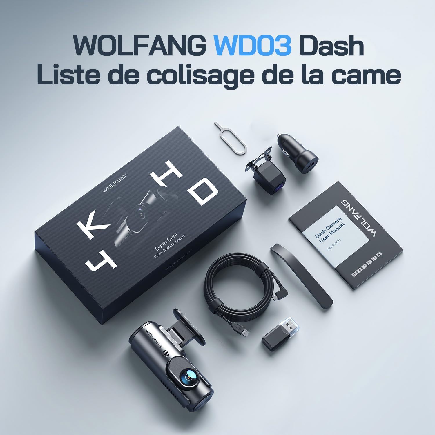 WOLFANG 4K Dashcam Voiture Avant Arrière, Wi-FI Caméra Voiture, Grand Angle 170°, G-Capteur, Mode Stationnement 24H, Vision Nocturne, Enregistrement en Boucle