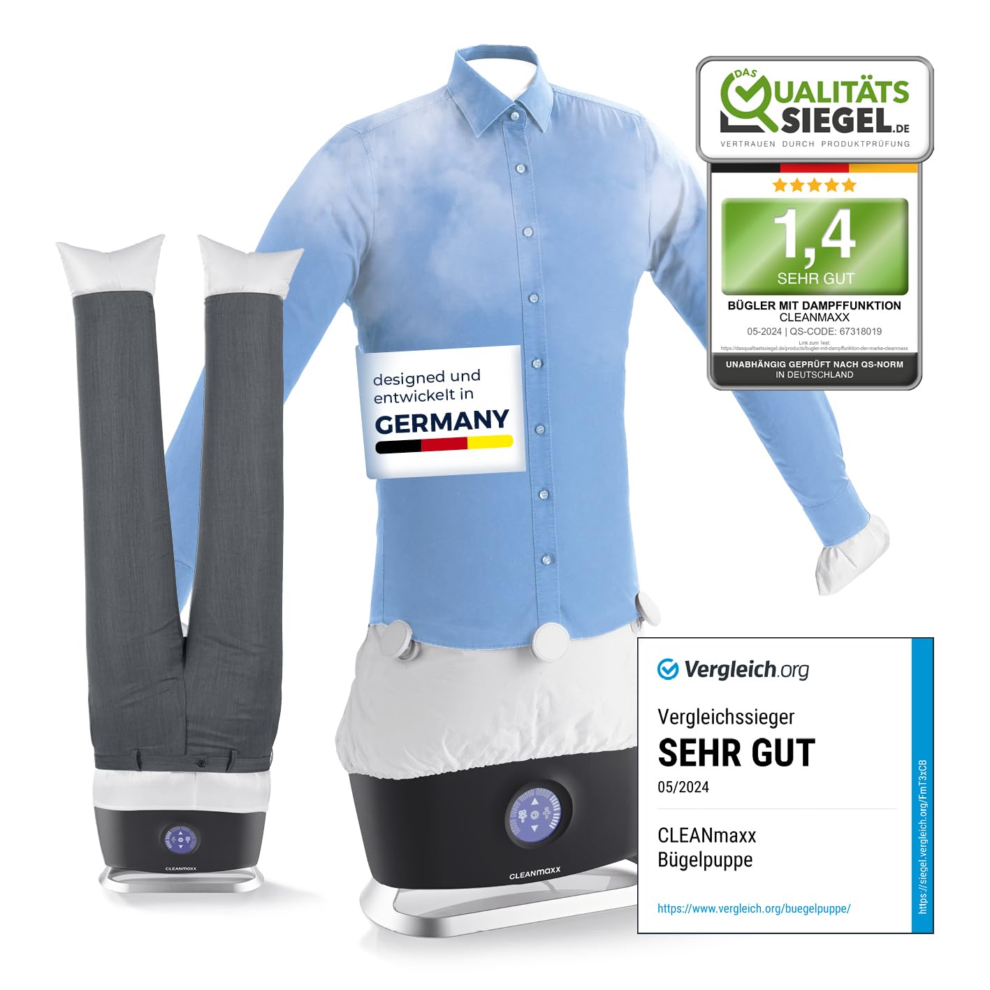 CLEANmaxx Pro Steam Automatic Shirt Iron with Trouser Attachment, Steam Function, Touch Display, Ironing Device for Shirts and Blouses, Reduces Odours, Disinfects, Smoothes, Refreshes