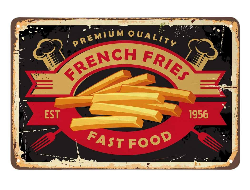 SMAZDFXX French Fries Tin Sign,Fast Food Fork Ribbon Rust Oval Striped Vintage Metal Tin Signs for Cafes Bars Pubs Shop Wall Decorative Funny Retro Signs for Men Women 5.5"x8"