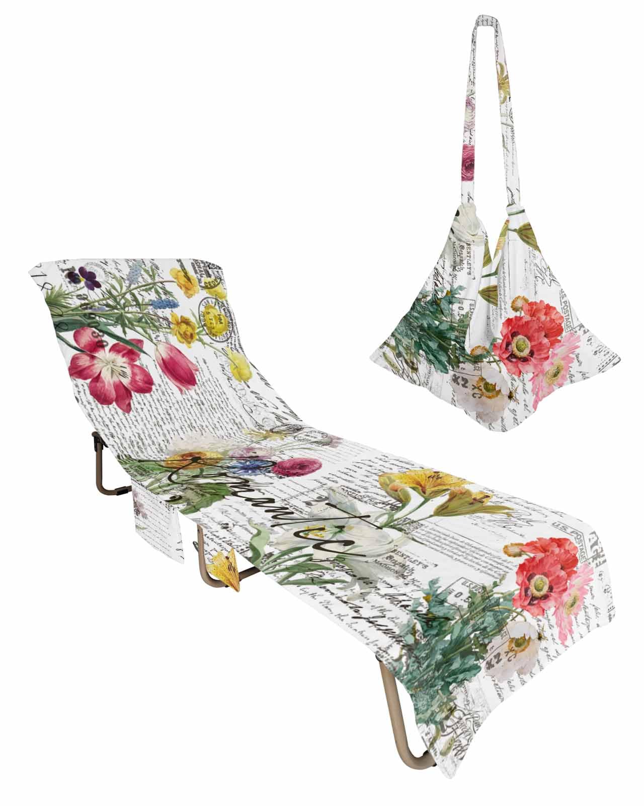 Spring Floral Beach Lounge Chair Towel Cover, Soft Chaise Lounge Towel with Side Pockets Patio Pool Chairs Cover for Beach/Pool Sunbathing 29x85 Modern Newspaper Retro Flower Watercolor