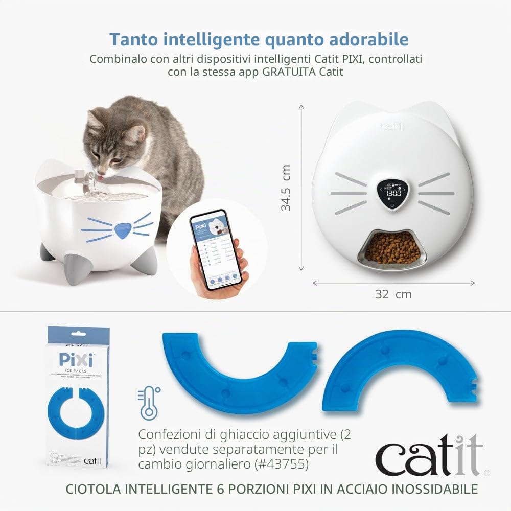 Mangiatoia intelligente 6 porzioni con vassoio in acciaio inox per gatti Catit PIXI