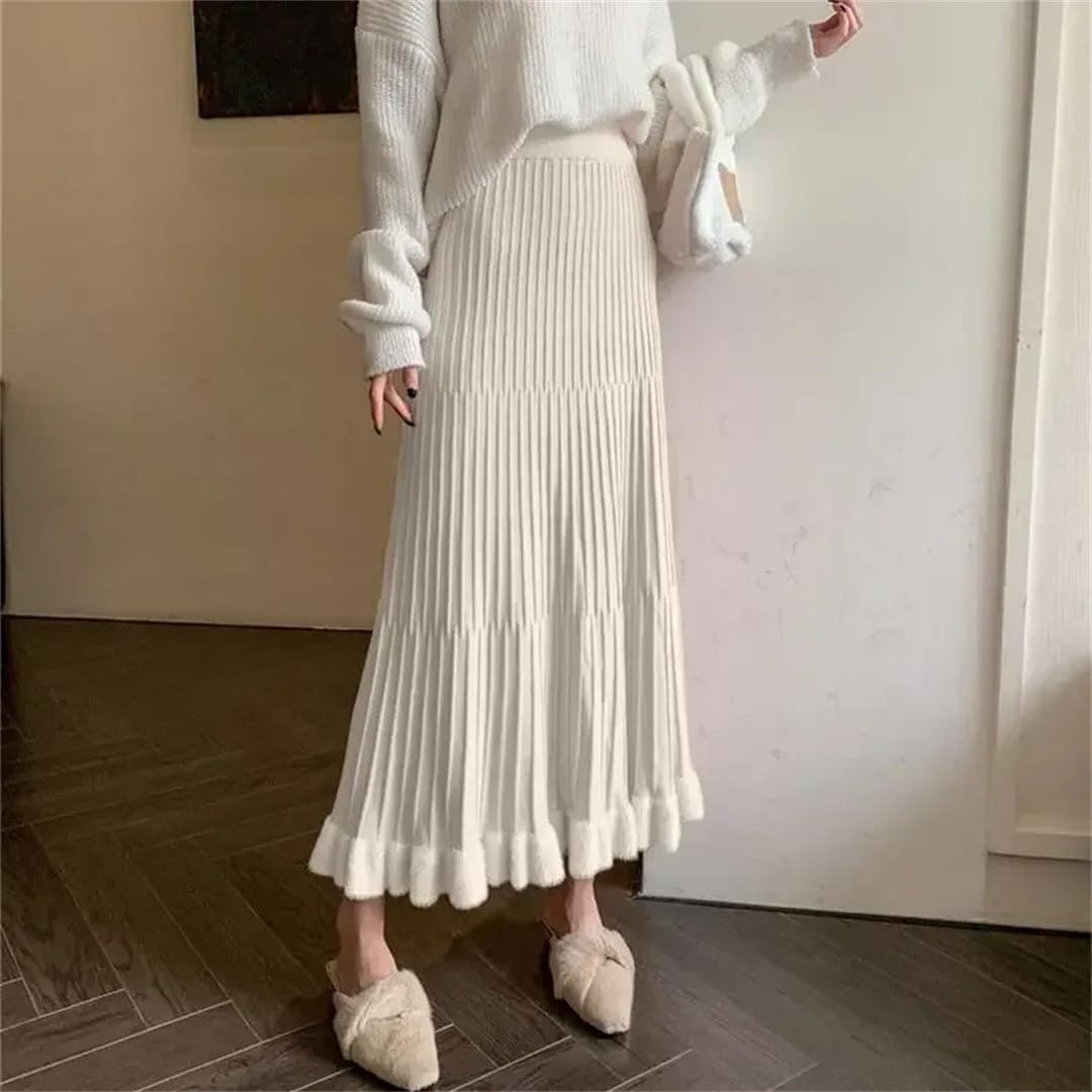 Gonna da donna a mezza lunghezza lavorata a maglia, a pieghe, in lana