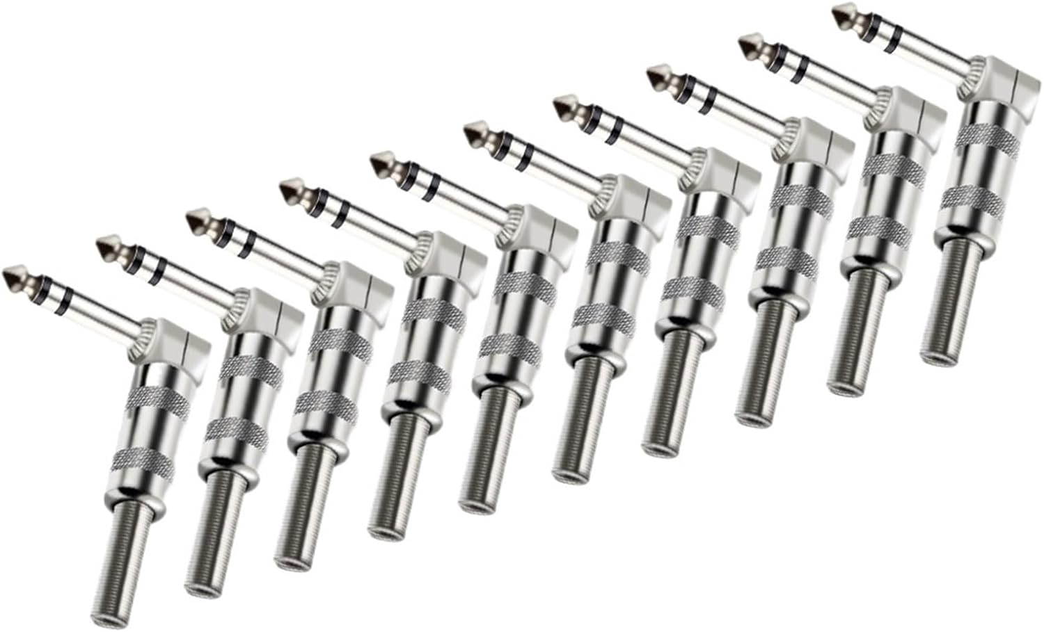 10pcs Silver Jack 6.35mm 3 Pole Microphone Right Angle Male Assembly Stereo Nickle Plating Audio Connector(10xSTEREO)