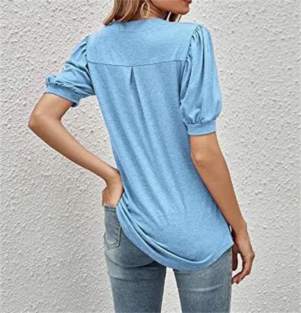 Adhdyuud Damenbluse mit V-Ausschnitt, kurzärmelig, Puffärmel, strukturiert, lockere Passform, lässig, Sommer, Hemdbluse