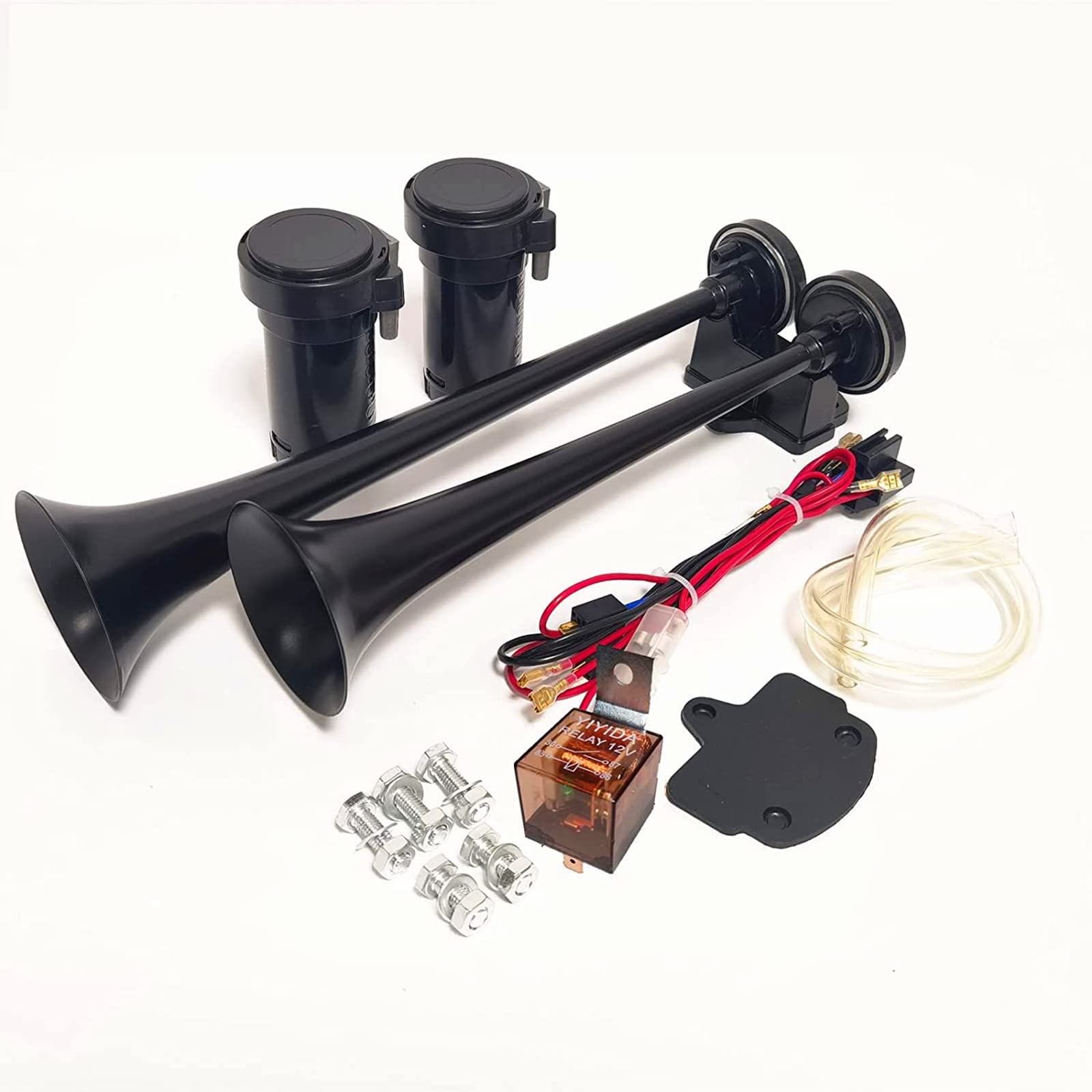 Autohupe Car Horn Lufthorn 12V Air Horn12V Schiffshupe mit hohem und niedrigem Ton 170db Drucklufthorn Schwarze LKW-Hupe Autolautsprecher mit Luftpumpe Trompete für 12V Wagen LKW Schiff etc