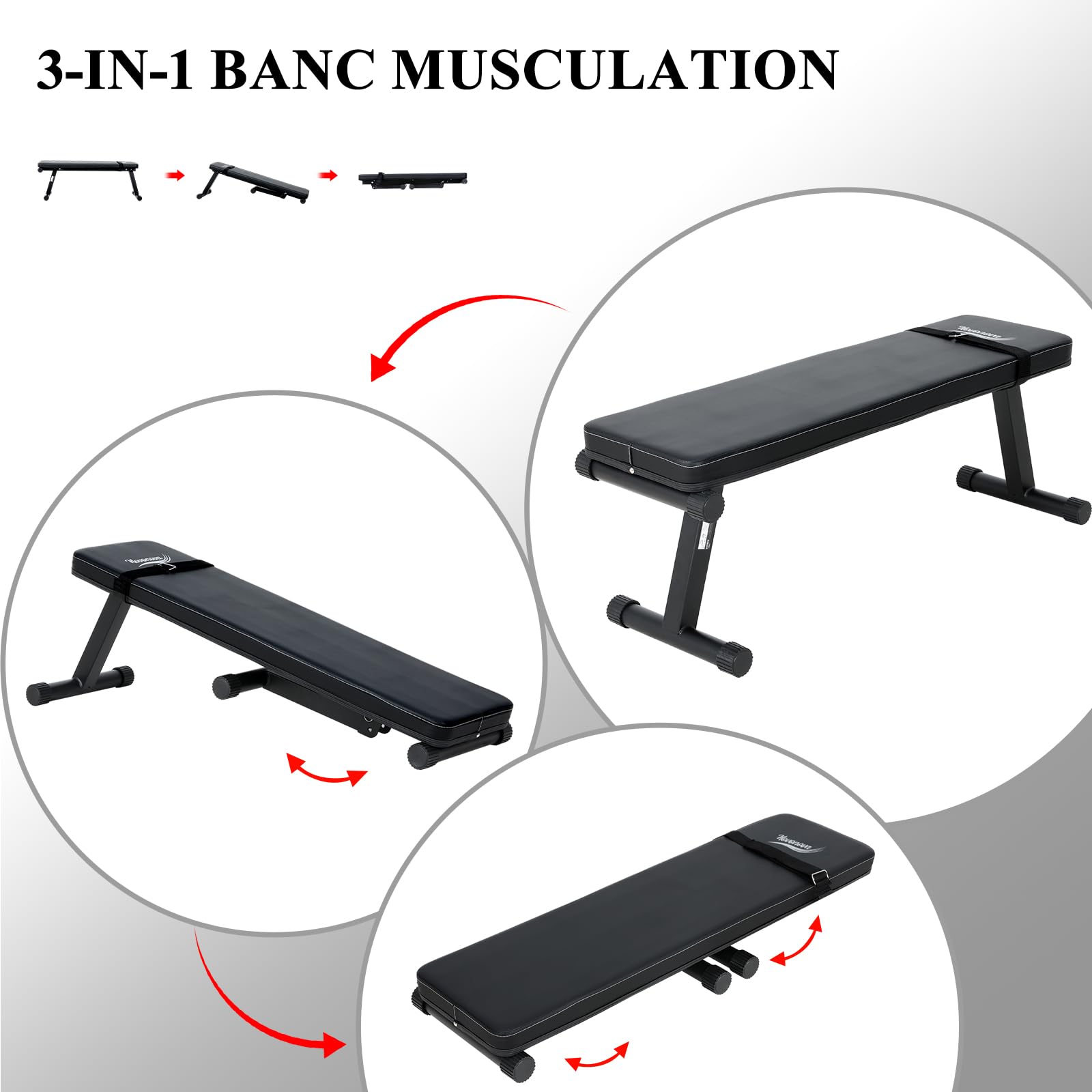 Banc Plat, Banc de Musculation Pliable, Banc d'Entraînement Pliable, Banc Musculation Inclinable Multifonctionnel Réglable, Banc de Muscu Abdominaux/Dos/Lombaire Inclinable, ChargeMax.150KG