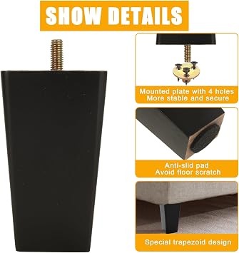 Sofa Legs Set of 4, 15 cm Sofa Feet Wooden Furniture Legs, Replacement Sofa Legs Solid Wood Furniture Legs M8 Bolt with Mounting Plate & Screws for Couch Armchair Dresser-Black
