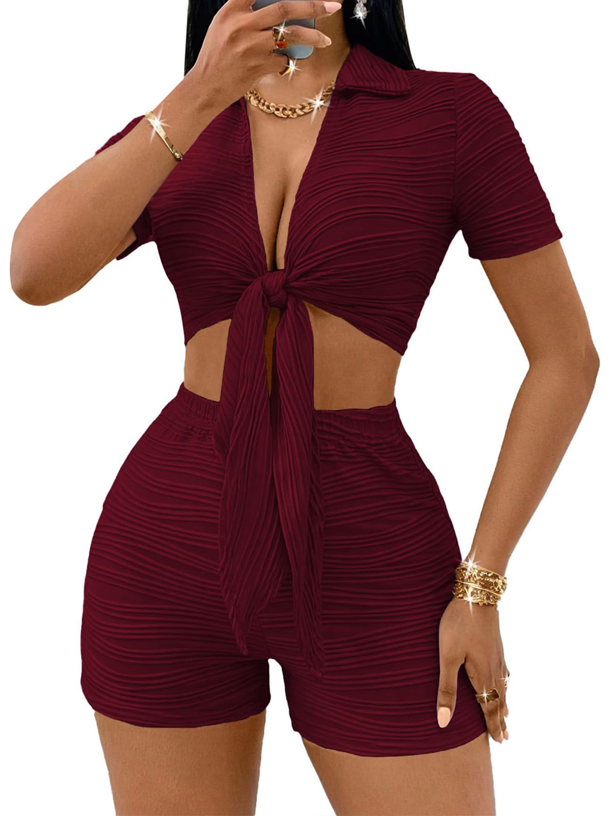 MSLG Women's Sexy 2 Piece Set Solid Summer Bodycon Suit Casual Tie Front Short Sleeve V Neck Crop Top Shorts Outfits Sets S42