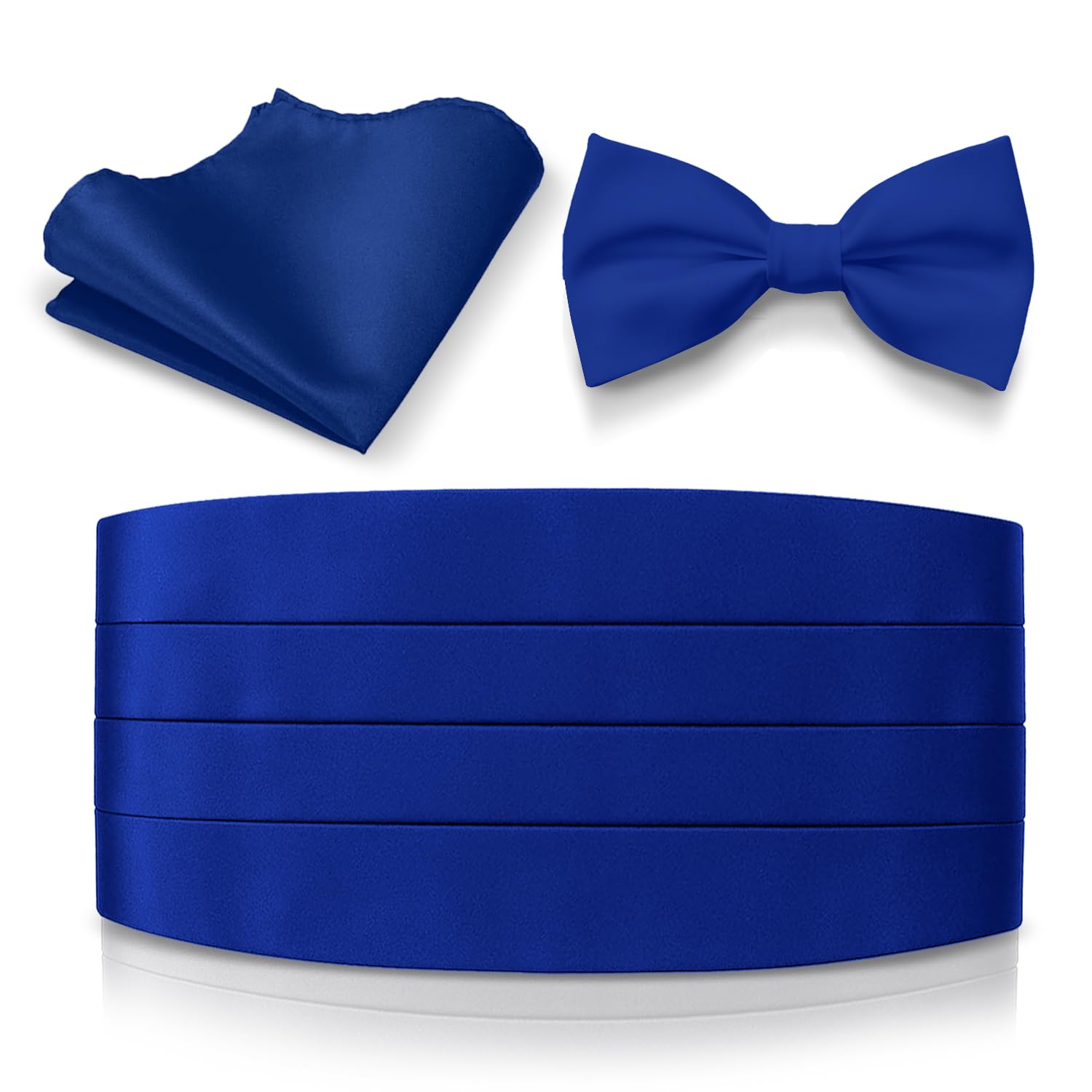 Mens Satin Cummerbund Bowtie Hanky set, 4 Pleat, Large Variety of Solid Colors Available, by Platinum Hanger (Royal Blue)