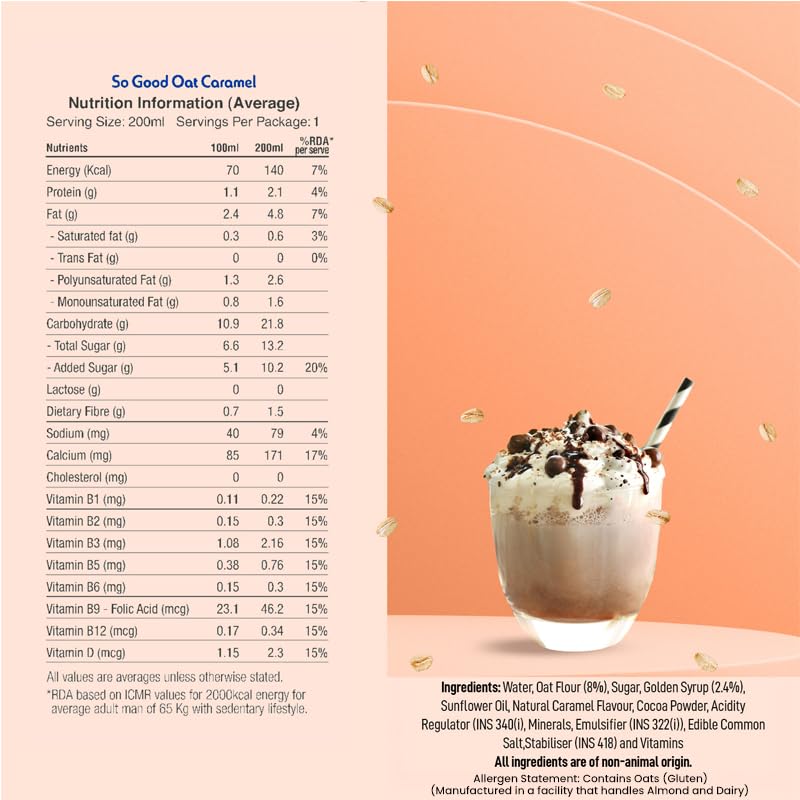 So Good Plant Based Oat Beverage Caramel Flavour 200 mL | Lactose Free | No Preservatives | Zero Cholesterol | Dairy Free| Source of Calcium & Vitamins