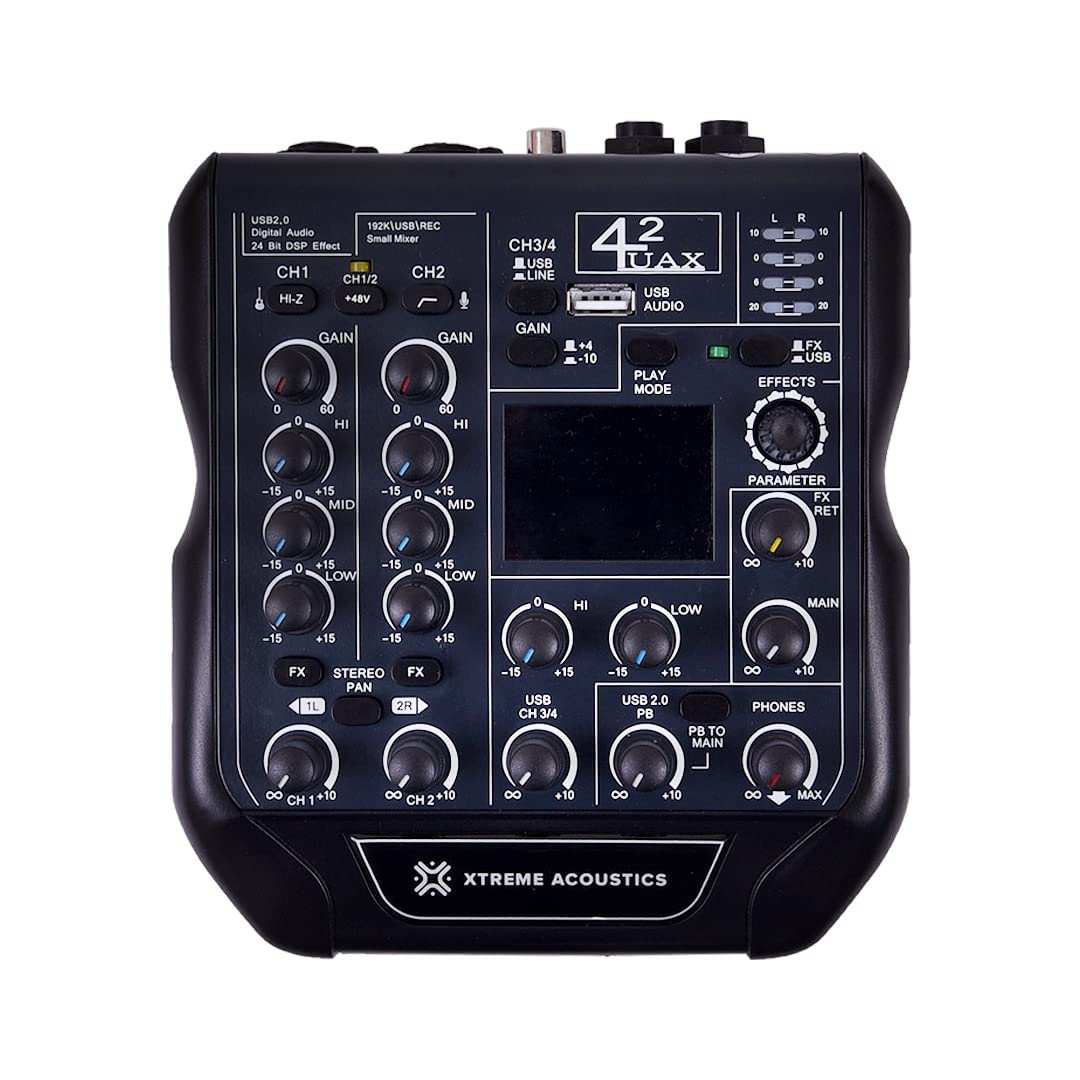 Xtreme Acoustics XAMX42 4 Channel Audio Mixer Interface with 192Khz Sampling Rate, Dual Track Recording, MP3 Input and 24Bit DSP FX Processor for Studio Youtube Recording, DJ Mixing, Karaoke Singing