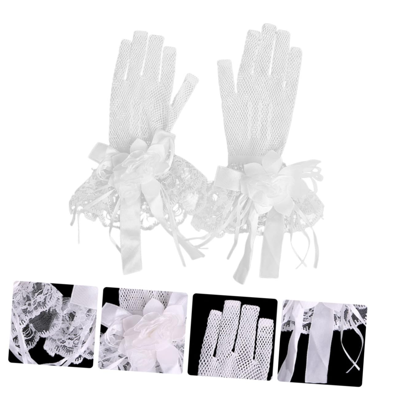 Guantes de Boda de Malla Elástica Flores, Guantes de Novia Sencillos para Eventos Formales