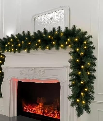 Miniatura 1 de Decoraciones navideñas gruesas preiluminadas, 9 pies con 220 ramas de cedro, 30 luces. Guirnalda verde artificial para decoración navideña de