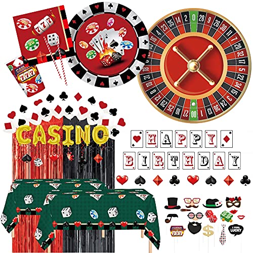 Serves 24 Ultimate Party Pack Casino Theme includes Plates Cups Napkins Table Covers Swirls Balloons Fringe Curtains Ideal