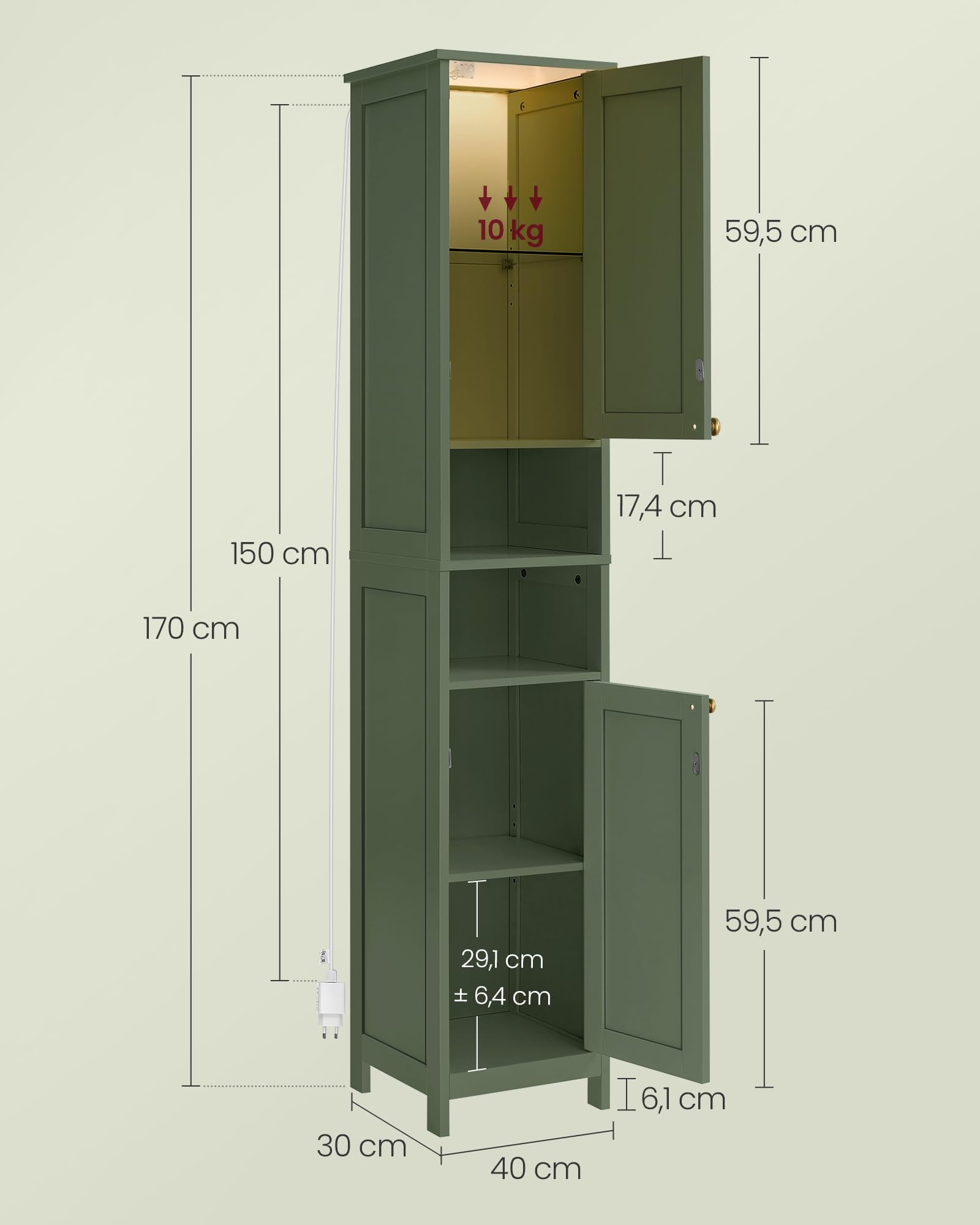VASAGLE Armoire de Salle de Bain Haute avec Éclairage, Meuble de Rangement Mince, avec Étagères Réglables, Largeur 40 cm, pour Les Petits Espaces, Moderne, Vert Forêt BBC766CH03