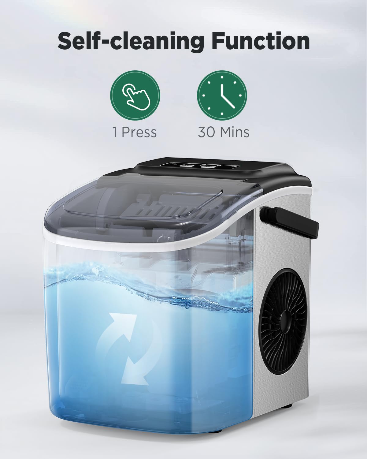 Totnz Ice Maker showing self-cleaning function with water circulation